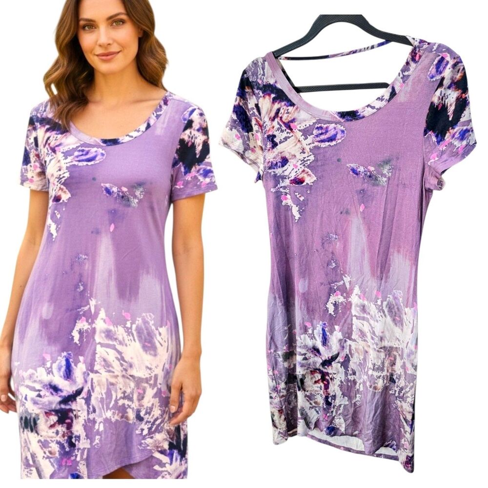 Tyler Kim Sz S Purple All Over Abstract Print Slouchy Back Neck S/S Mini Dress